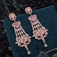 AD White & Pink Rose Gold Long Drop Earring