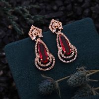 Long Rose Gold AD White And Maroon Drop Earring