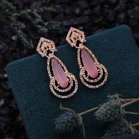 Elegant AD White And Pink Rose Gold Long Drop Earring