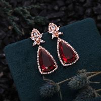 Fancy White & Maroon AD Rose Gold Drop Earring