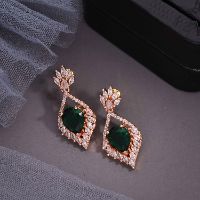 Beautiful Rose Gold Toned AD White & Green Drop Earring