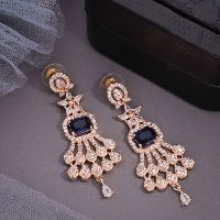 Rose Gold AD White & Royal Blue Long Drop Earring