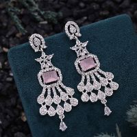 Silver AD White & Pink Long Drop Earring