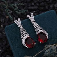 Silver Plated White & Red AD Earrings