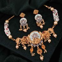 Gold Finish Multi Color Kundan & Meenakari Added Moti mala Necklace Set