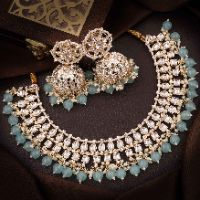 Stunning White Kundan And Crystal Broad Necklace With Jhumka Earring Choker Set