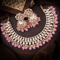 Stunning Kundan And Crystal Broad Necklace With Jhumka Earring Choker Set