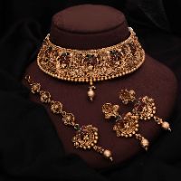 Gold Finish multi color Kundan With Gold Beaded Choker Necklace Set