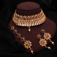 Gold Finish Red  & Green color Kundan  Choker Necklace Set