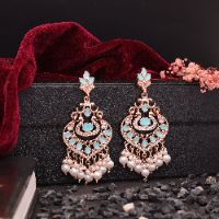 Trendy Rose Gold toned AD White & Skyblue Traditional Pearl Drop Earring