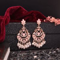 High-Quality Rosegold Polish AD White & Baby pink Stylish Pearl Drop Earring