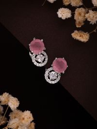 Rhodium plated Pink Zirconia Contemporary Stud Earrings