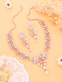 Zircon Studded Handcrafted Rose Gold Plated Statement Necklace Set