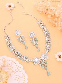 Trendy Silver White and Mint Zircon Studded Necklace set