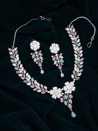 Sparkling Silver Zircon Studded Mint and  Baby Pink Necklace set