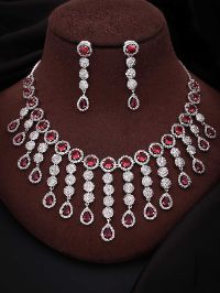 Rhodium-plated Ruby Red Zirconia Studded Sleek Necklace Set