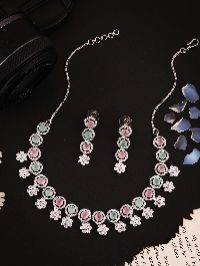 Silver Plated Necklace with Studded Pastel Mint & Pink AD