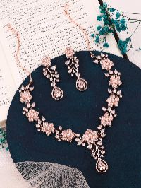 Rose Gold Toned Studded White AD Necklace