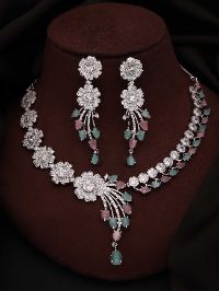 Silver Plated Floral Necklace with Studded Pastel Mint & Pink AD