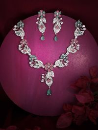 Silver Plated Floral Necklace with Studded Pastel Mint & Pink AD