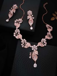 Rose Gold Plated Floral Necklace with Studded White AD