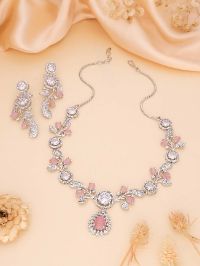 Rhodium Silver Plated Baby Pink & White AD Necklace set