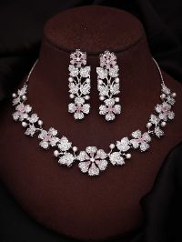 Silver Plated Floral White & Baby Pink AD Necklace Set