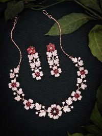 Rose Gold Toned White & Maroon AD Studded Necklace set