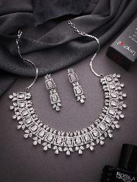 Premium White AD Studded Silver Necklace Set