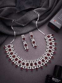 Silver Polish White & Maroon AD Studded Necklace Set