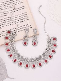 Silver Plated White & Maroon AD Studded Necklace set