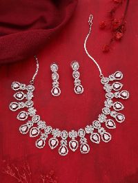 Premium White AD Studded Silver Necklace Set