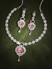 Silver Handcrafted Pink AD Studded Necklace set