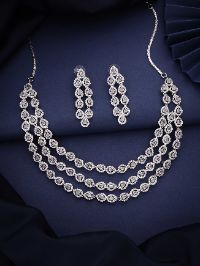 Silver Plated White AD Three Layard Necklace set