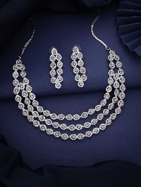 Silver Plated White & Mint AD Three Layard Necklace set