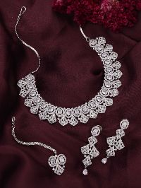 Silver Plated White AD Studded Necklace set with Maang Tika