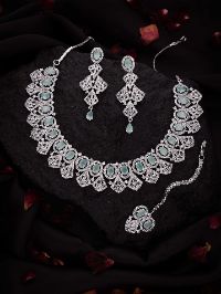 Royal Silver Polish AD White & Mint Necklace with Maang Tika set