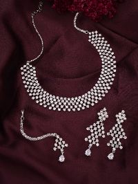 Silver Polish AD White MaangTika and Necklace Combination