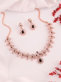 Sleek rose gold necklace and earring set adorned with AD crystals