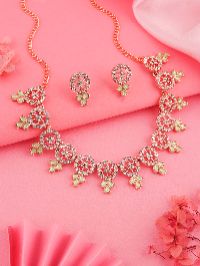 Sleek Rose Gold Necklace with Matching Earrings embellished with AD