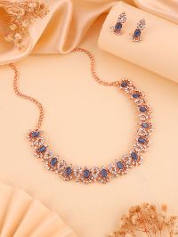 Rose Gold Toned AD White & Blue Fancy Necklace Set