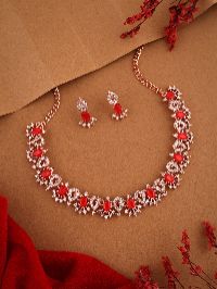 Versatile Rose Gold necklace set featuring White & Red AD