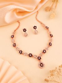 Stylish rose gold necklace set with white AD stones