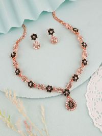 Contemporary Rose Gold Tone White & Green AD Necklace set