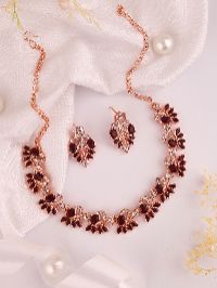 Contemporary Rose Gold Toned Necklace Set In CZ Stone With Earring