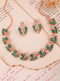 Rose Gold Plated  White & Green Solitaire Zircons Necklace Set