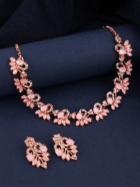 Rose Gold-Plated Zircon Pink & White Diamond Studded Necklace set With Earring