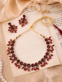 Mendi Gold-Plated Handcrafted Maroon Diamond Necklace Set