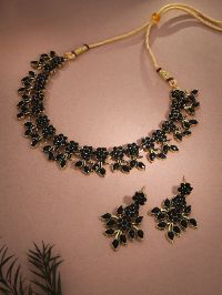 Floral Black AD Studded Necklace Set With Earring