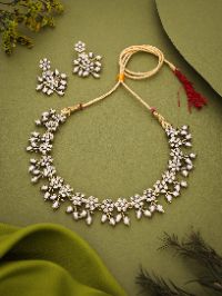 Mendi Gold Plated Pastel White Studded American Diamond Necklace Set.